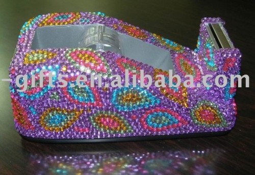 Stapler and tape dispenser with peacock pattern stones