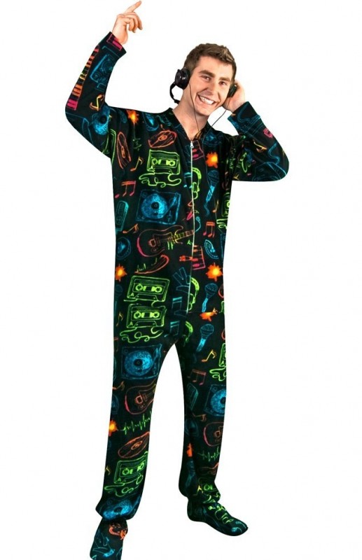 80s Pop Music Print Black Polar Fleece Butt Flap One Piece Pajamas 80s Pop Music Print Black Polar Fleece Butt Flap One Piece Pajamas
