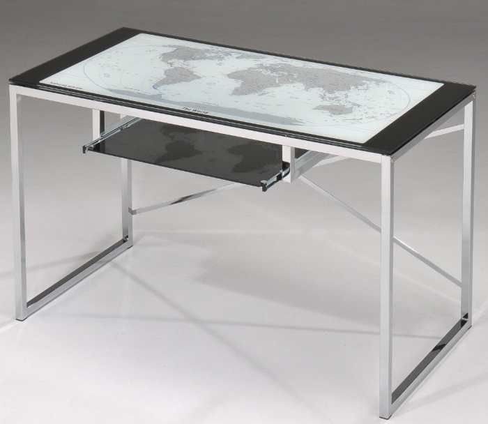 Chrome Plated With World Globe On Glass Top Computer Desk