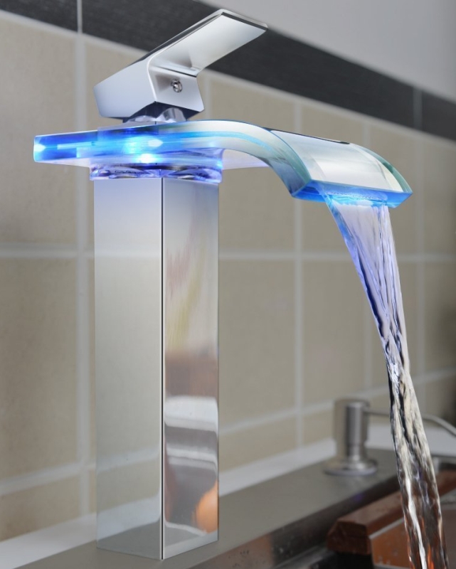 Water Power Waterfall Bathroom Sink Faucet with Color Changing LED